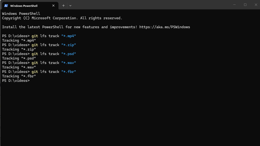 PowerShell showing git lfs track commands for mp4, zip, psd, wav and fbr files